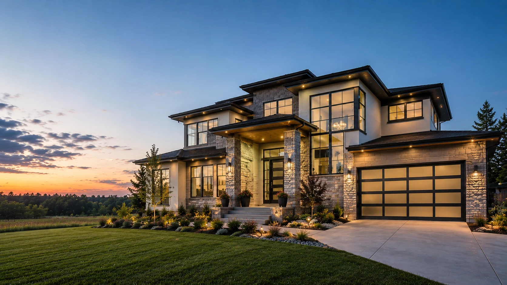 Stately modern craftsman home in Woodbury, Minnesota at dusk with warm lit windows — home inspection